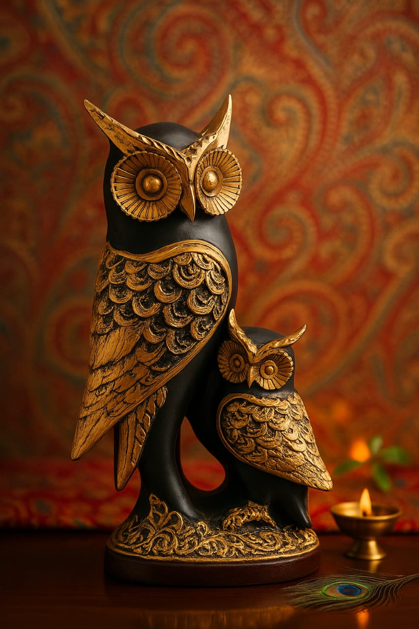 DEHATIBAZAR | Decorative Owl Figurine 12 inch | Black and Gold Resin Sculpture | Vintage Style Home Décor | Mother and Baby Design