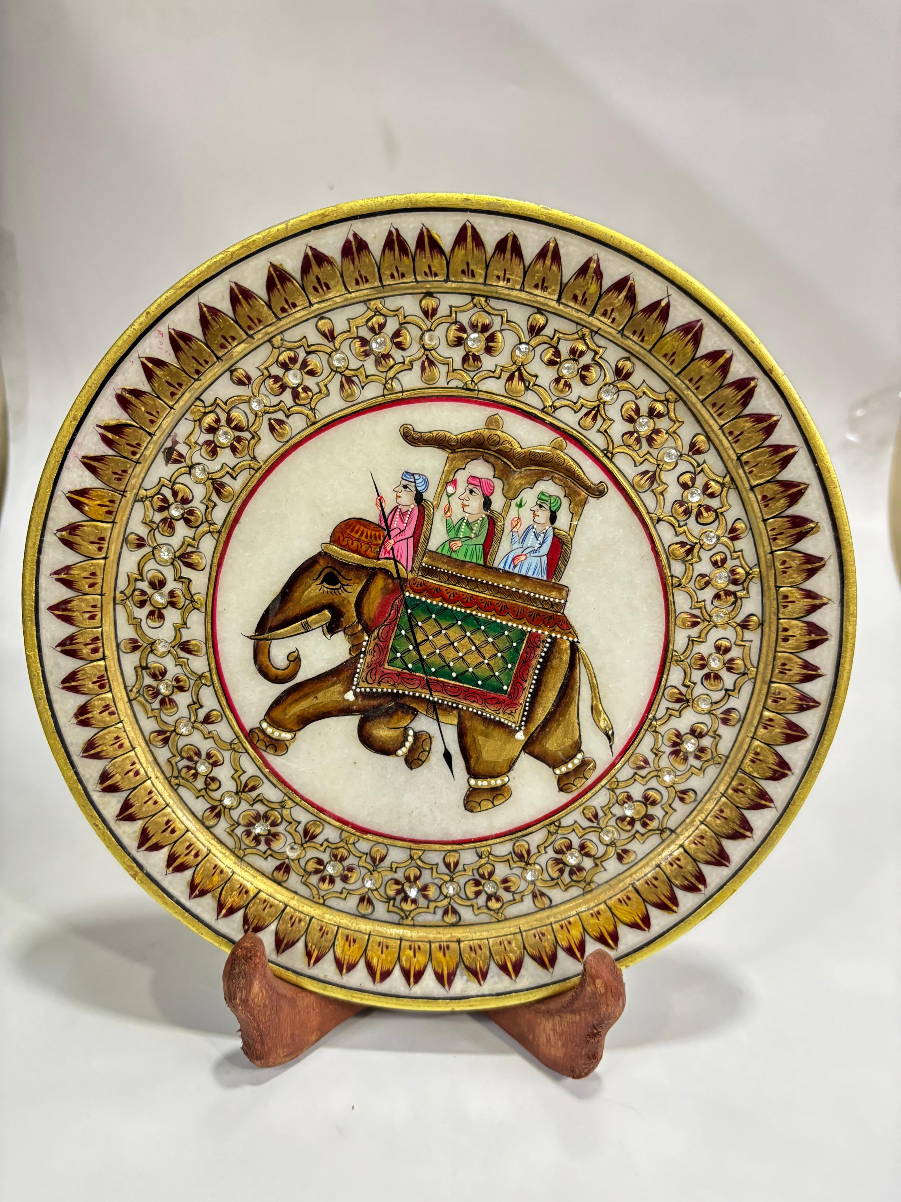 DEHATIBAZAR | Decorative Marble Plate 9" with Elephant Design | Hand-Painted | with Wooden Stand and packed in Velvet Box