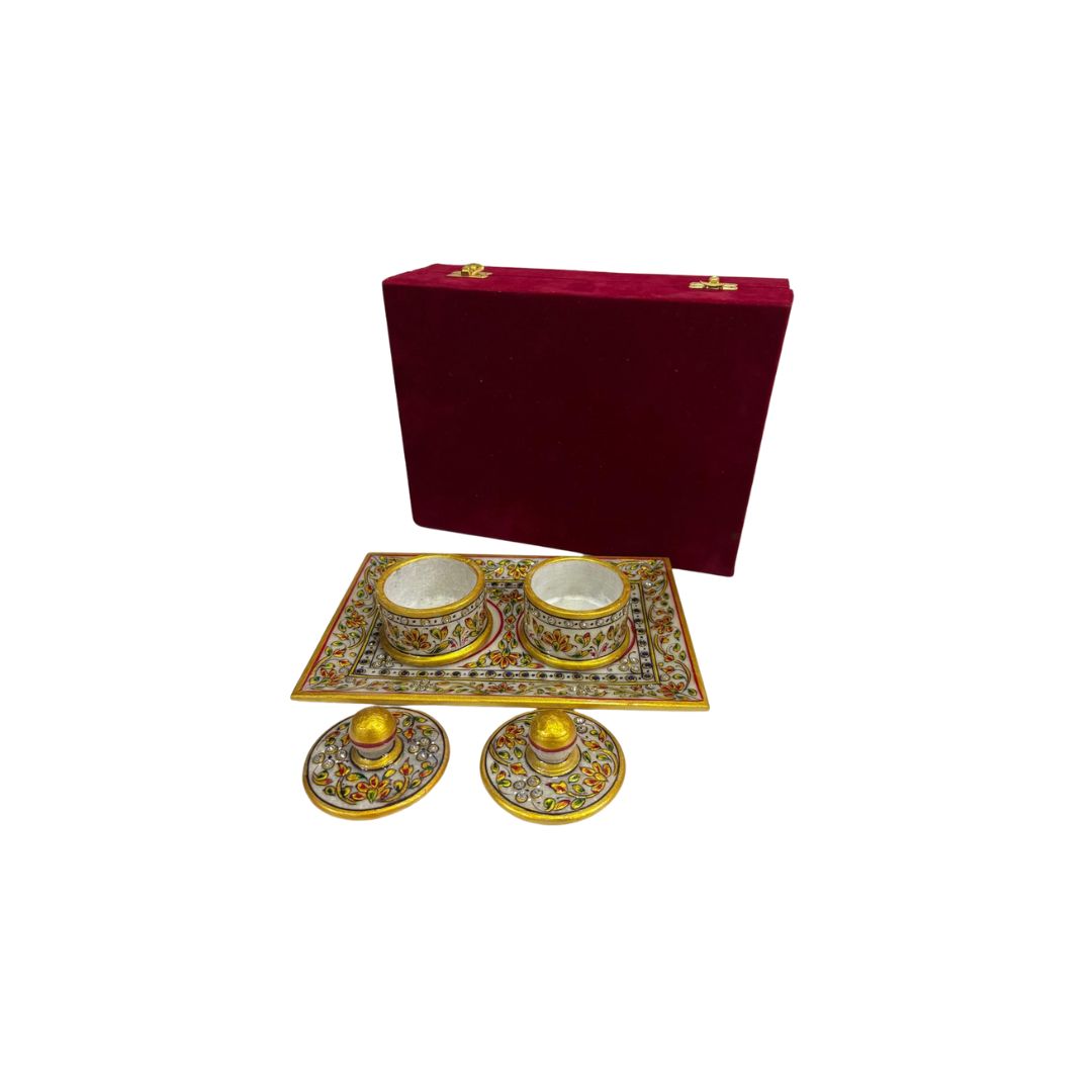 DEHATIBAZAR| Marble Meenakari Decorative Dry Fruit Box Set with 4 Containers and Tray | Gold Painted with Velvet Case