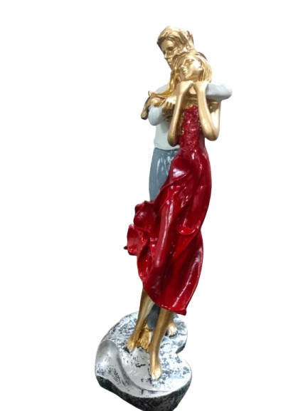 Romantic Dancing Couple Figurine, Red Dress and Blue Casual Wear, Decorative Resin Sculpture, Gold-Toned Accents
