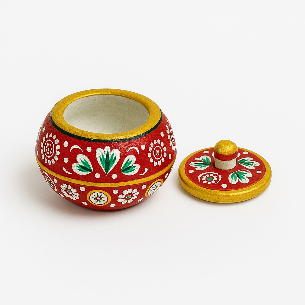 DEHATIBAZAR | Hand-Painted Marble Sindoor Dani | Round Red with Gold Trim | Traditional Floral Design | Decorative 2 inch Storage Container with Lid | Kukum Dabbi