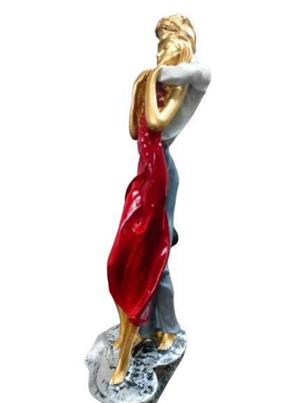 Romantic Dancing Couple Figurine, Red Dress and Blue Casual Wear, Decorative Resin Sculpture, Gold-Toned Accents