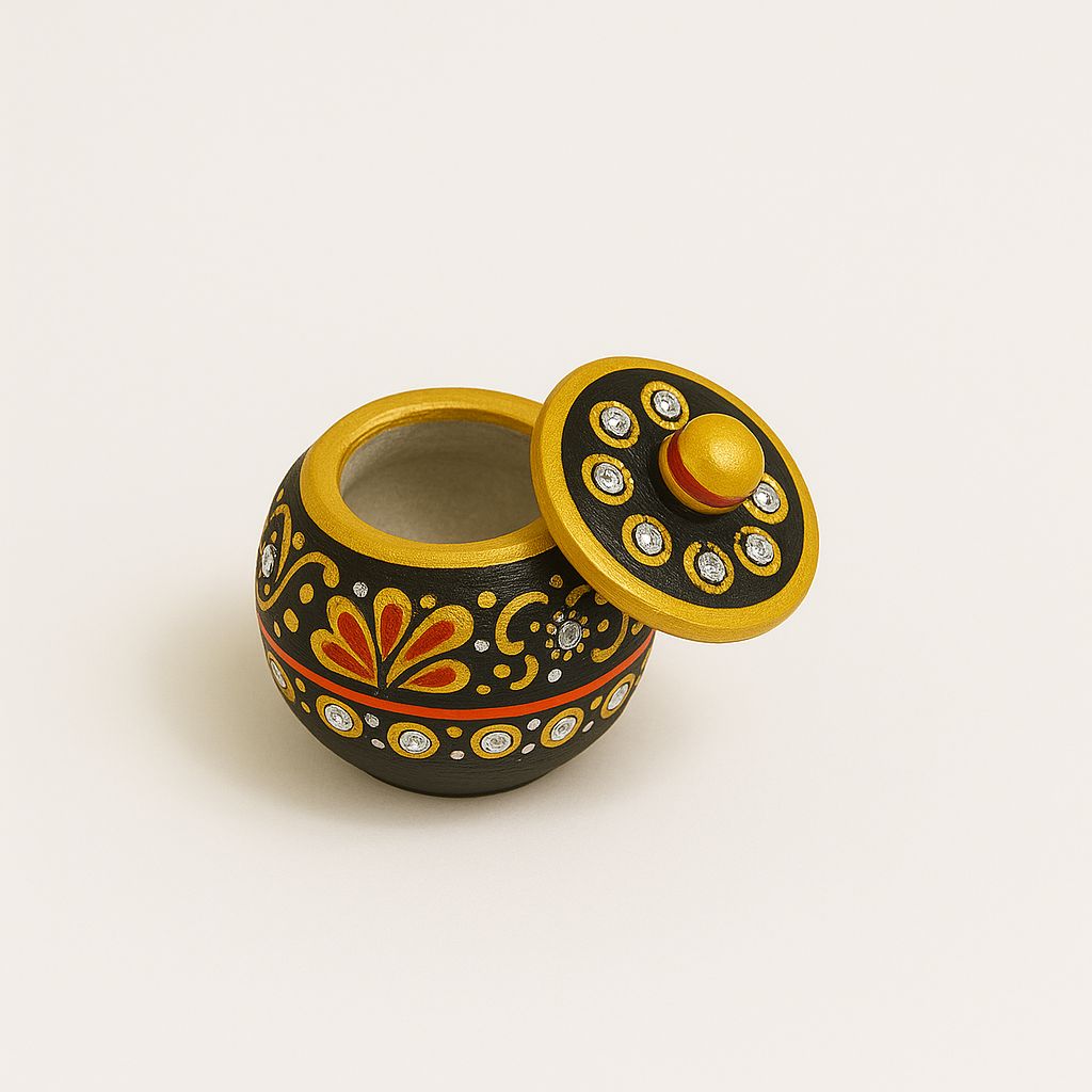 DEHATIBAZAR |Handcrafted Decorative Round Sindoor Dani | Black with Gold and Orange Folk Art Pattern | 2 inch Marble Trinket Container with Lid | Kukum Dabbi
