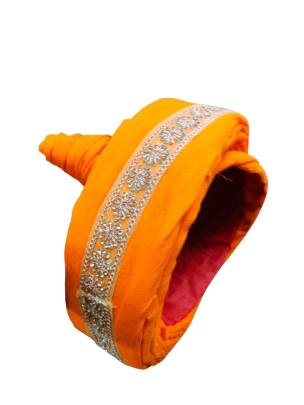Traditional Bajeerao Pagdi, Orange Velvet with Silver Border, Wedding Turban