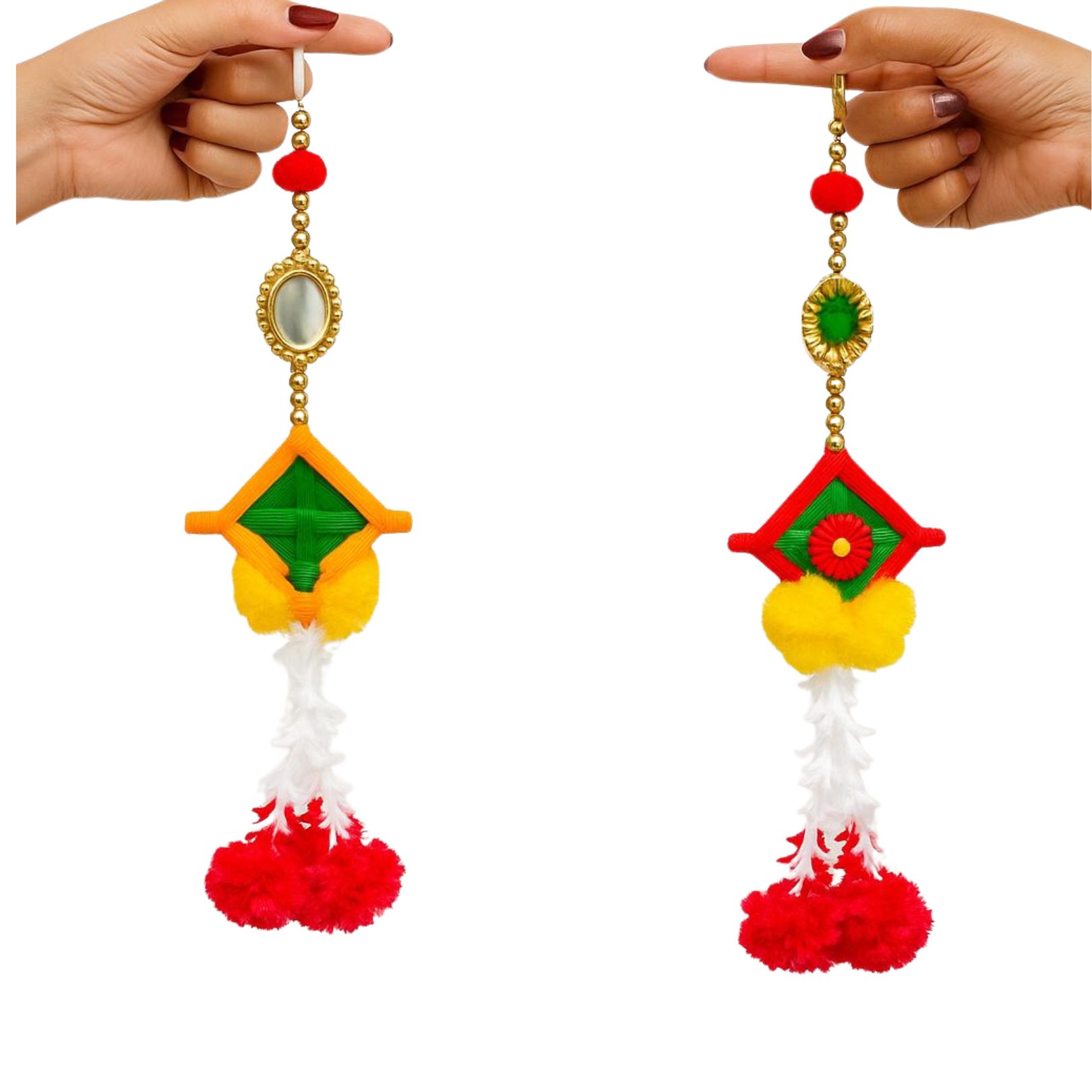 DEHATIBAZAR | Decorative Kundal Hanging Ornaments with Pompoms, Traditional Design, Red Green Yellow, Set of 2