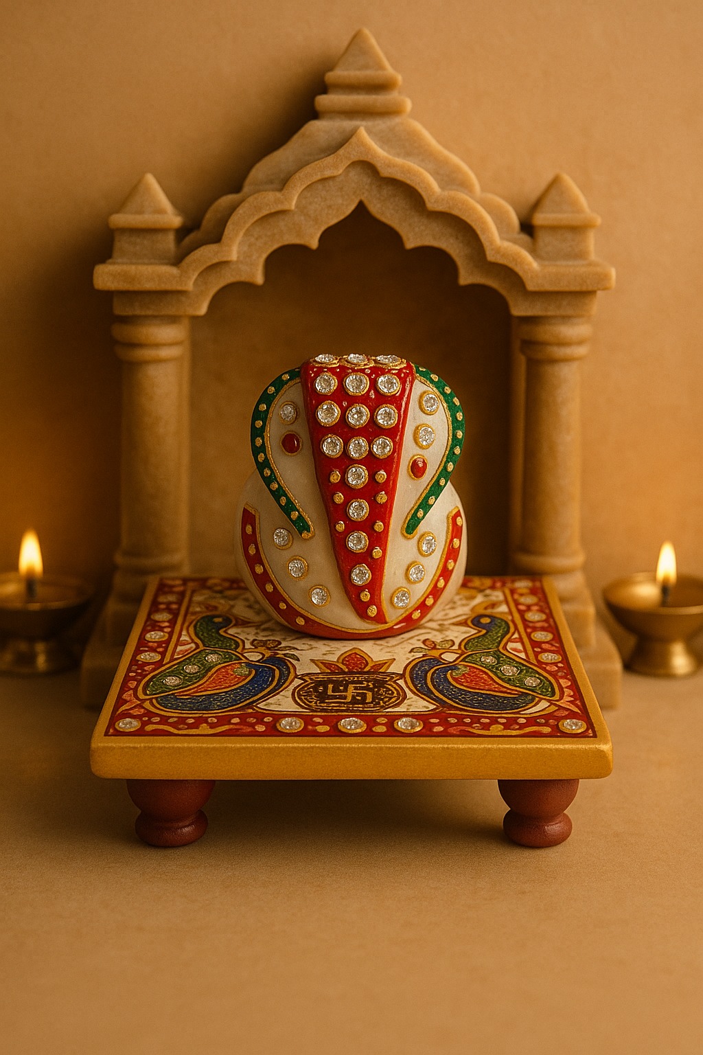 DEHATIBAZAR Decorative Marble Ganesh Chowki 4x4 inch | Set with Traditional Art | Kundan Work | Red and Green Design | Handcrafted