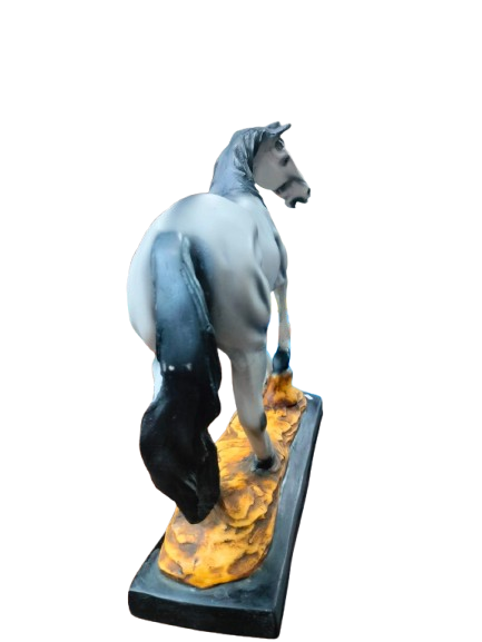 Decorative Horse Figurine, Grey and Black Resin Statue on Base
