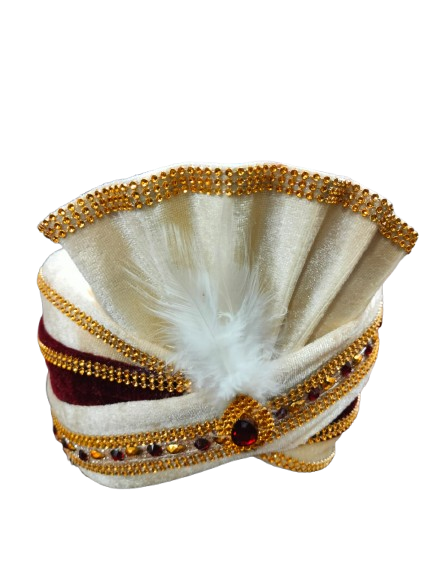 Traditional White Velvet Turban with Gold Trim and White Feather, Indian Wedding Pagdi, Bindayak pagdi for kids