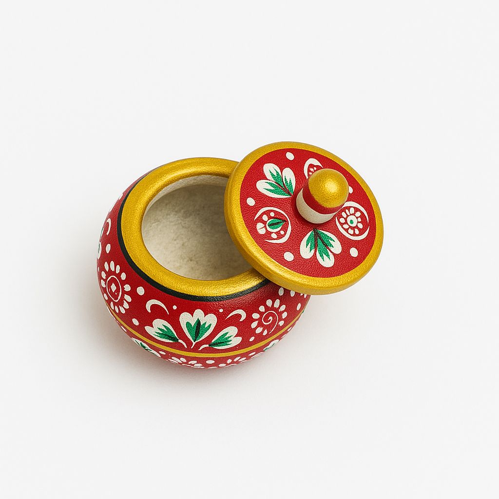 DEHATIBAZAR | Hand-Painted Marble Sindoor Dani | Round Red with Gold Trim | Traditional Floral Design | Decorative 2 inch Storage Container with Lid | Kukum Dabbi