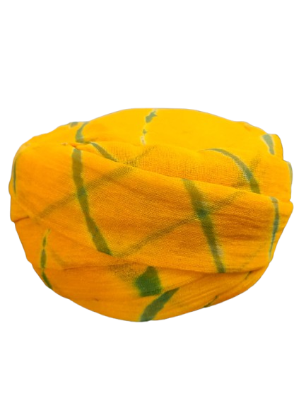 Stylish Jodhpuri Turban Head Wrap, Yellow with Green Pattern, Cotton Fabric