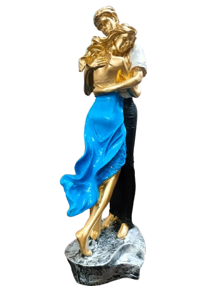 Romantic Dancing Couple Figurine, Gold and Blue Dress, Decorative Table Sculpture, 3D Art Statue