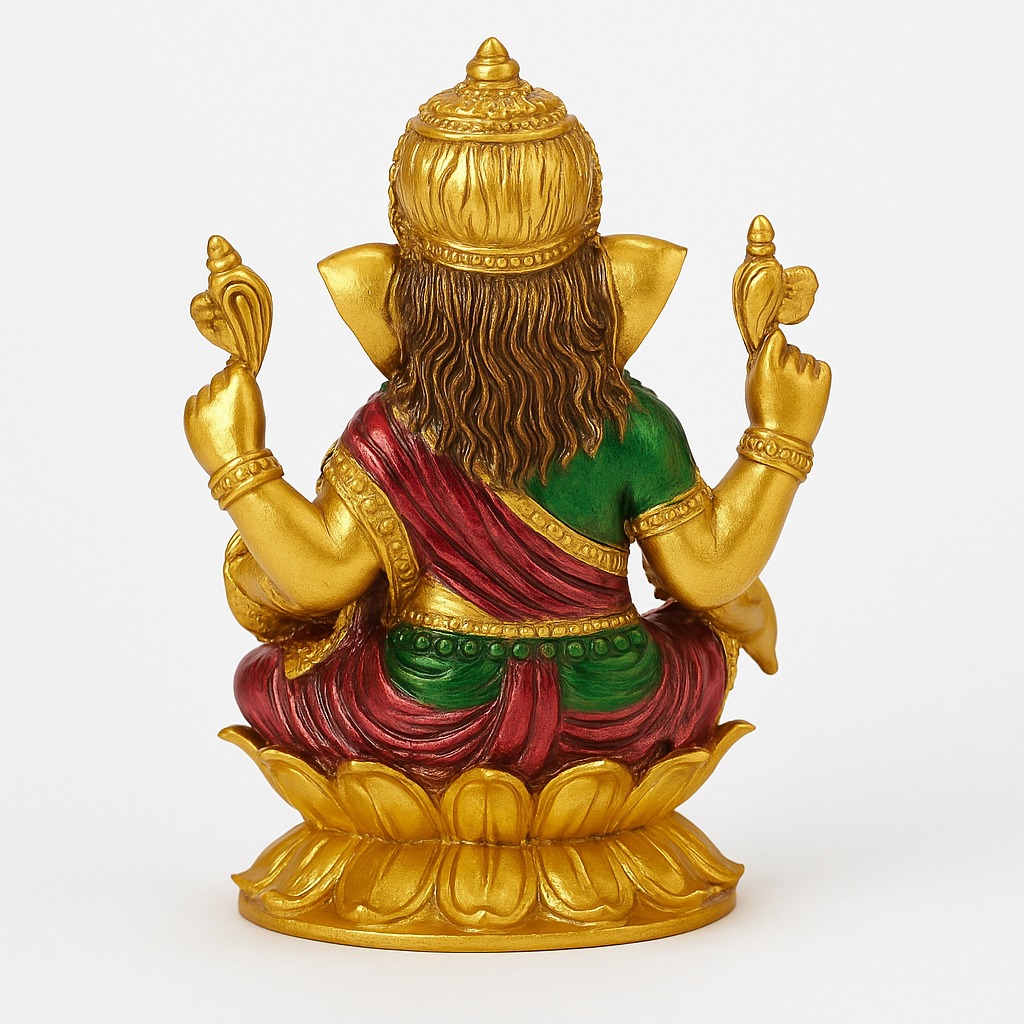 DEHATIBAZAR | Lord Ganesha Statue | Gold-Plated Decorative Idol with Red and Green Accents | Lotus Throne | Hindu Religious Figurine