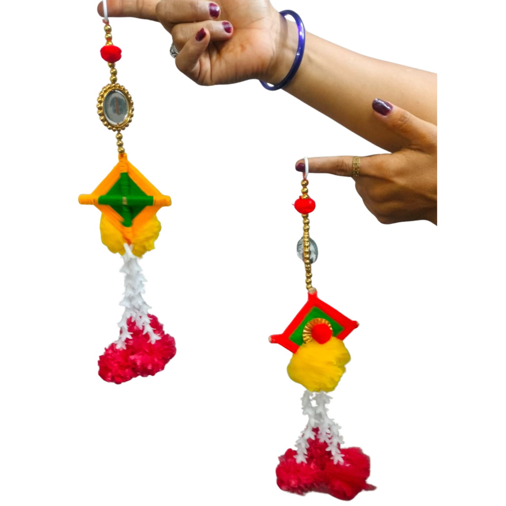 DEHATIBAZAR | Decorative Kundal Hanging Ornaments with Pompoms, Traditional Design, Red Green Yellow, Set of 2