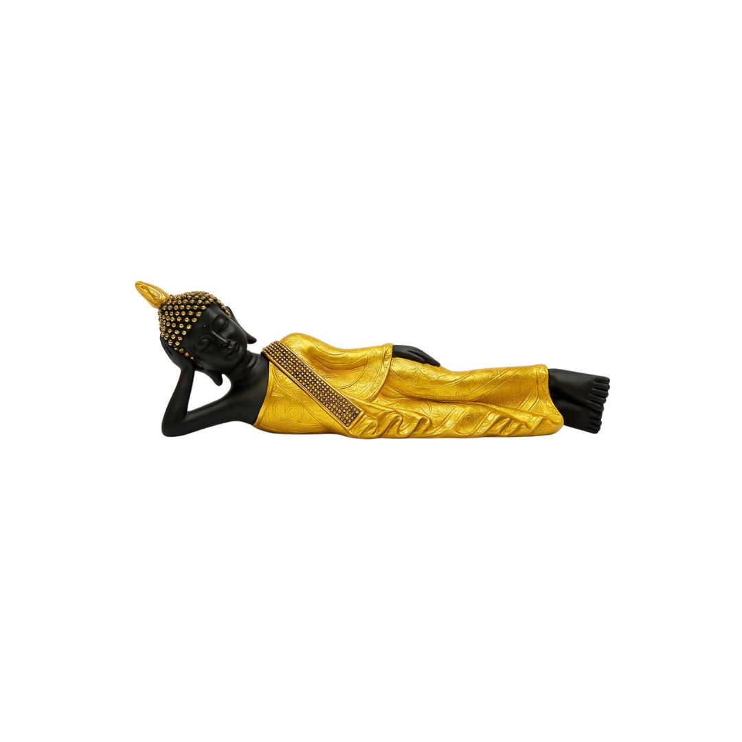 DEHATIBAZAR | Reclining Buddha Statue | Black and Gold | Decorative Figurine with Pearl Embellishments